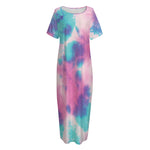 Pink And Teal Tie Dye Print Short Sleeve Long Nightdress