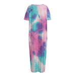Pink And Teal Tie Dye Print Short Sleeve Long Nightdress