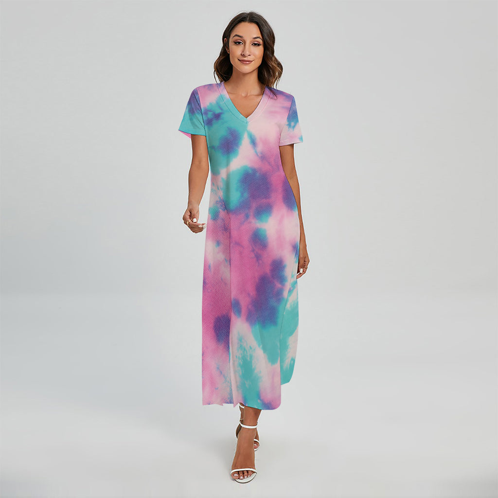 Pink And Teal Tie Dye Print Short Sleeve Maxi Dress