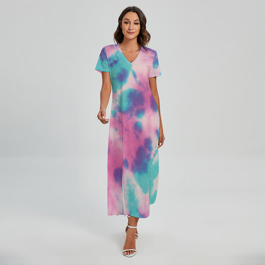 Pink And Teal Tie Dye Print Short Sleeve Maxi Dress