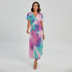Pink And Teal Tie Dye Print Short Sleeve Maxi Dress