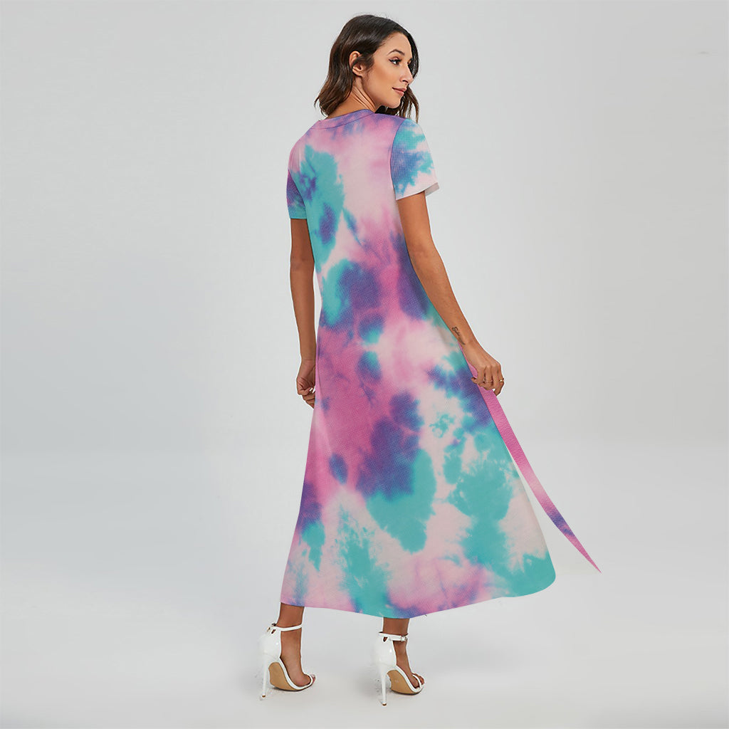 Pink And Teal Tie Dye Print Short Sleeve Maxi Dress