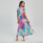 Pink And Teal Tie Dye Print Short Sleeve Maxi Dress