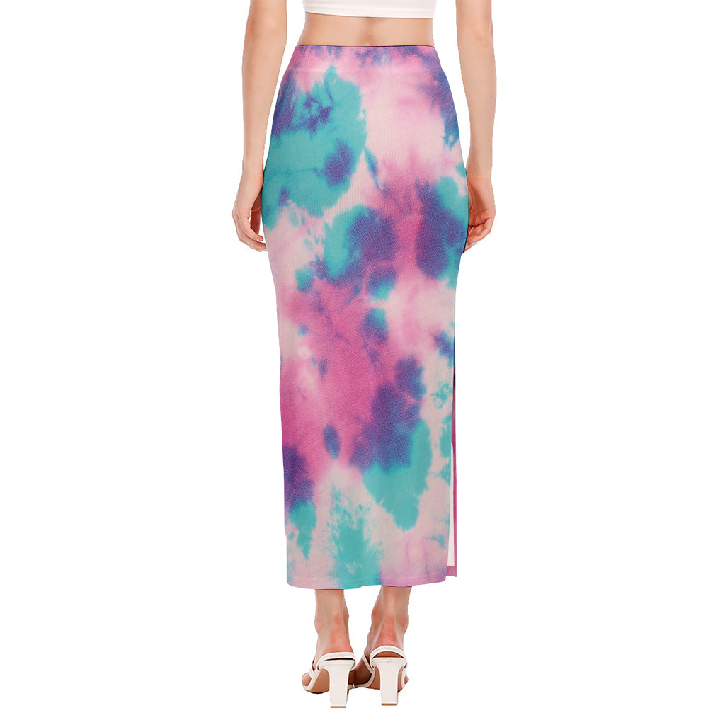 Pink And Teal Tie Dye Print Side Slit Maxi Skirt