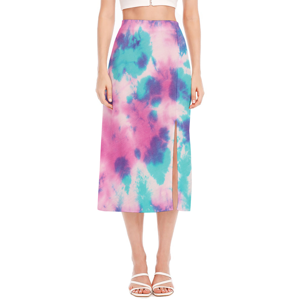 Pink And Teal Tie Dye Print Side Slit Midi Skirt