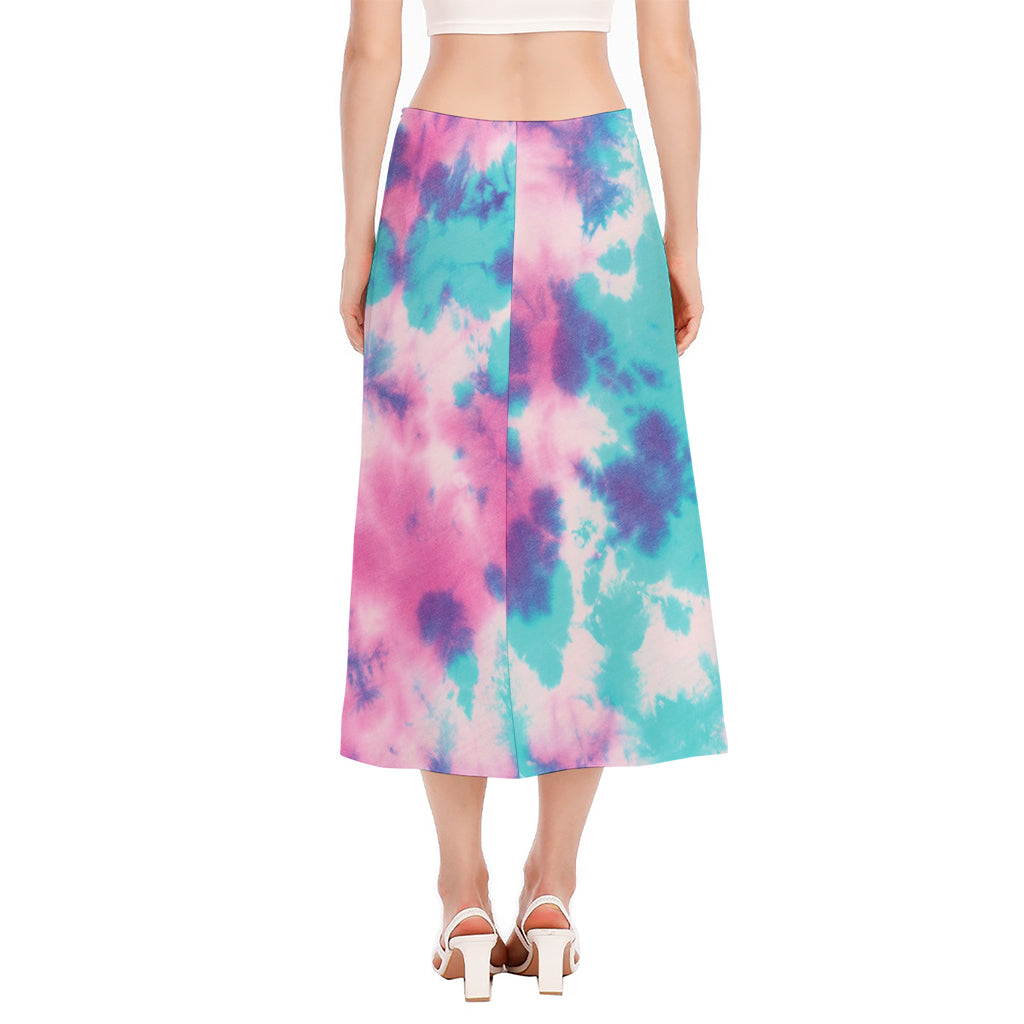 Pink And Teal Tie Dye Print Side Slit Midi Skirt