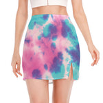 Pink And Teal Tie Dye Print Side Slit Mini Skirt