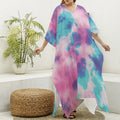Pink And Teal Tie Dye Print Silk V-Neck Kaftan Dress