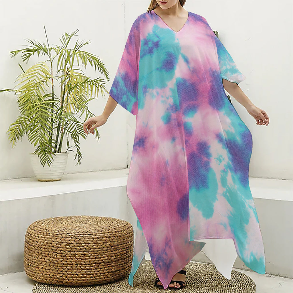 Pink And Teal Tie Dye Print Silk V-Neck Kaftan Dress