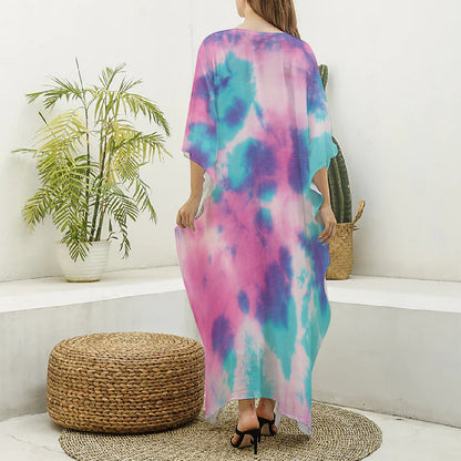 Pink And Teal Tie Dye Print Silk V-Neck Kaftan Dress