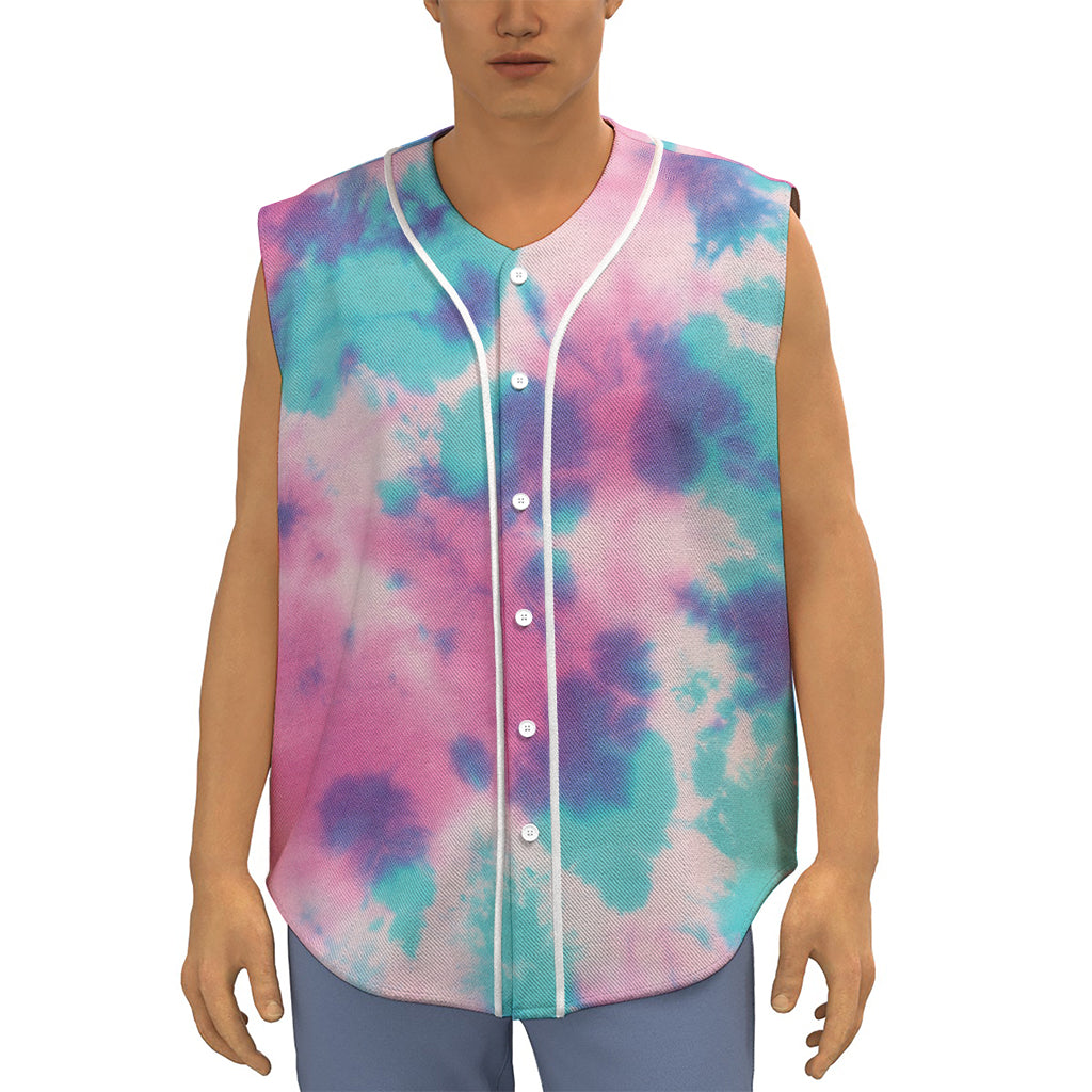 Pink And Teal Tie Dye Print Sleeveless Baseball Jersey