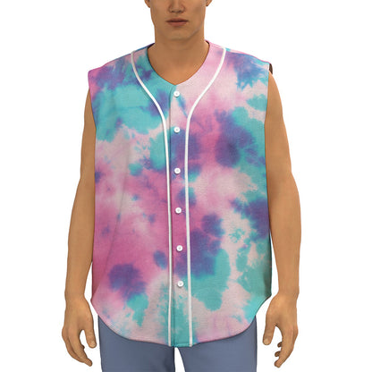 Pink And Teal Tie Dye Print Sleeveless Baseball Jersey