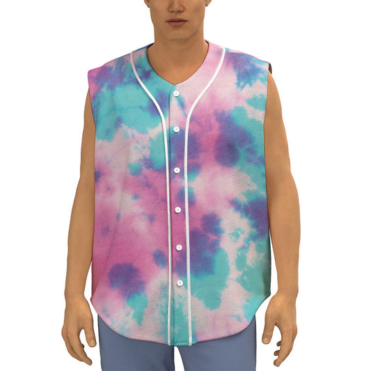 Pink And Teal Tie Dye Print Sleeveless Baseball Jersey