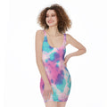 Pink And Teal Tie Dye Print Sleeveless Bodycon Dress