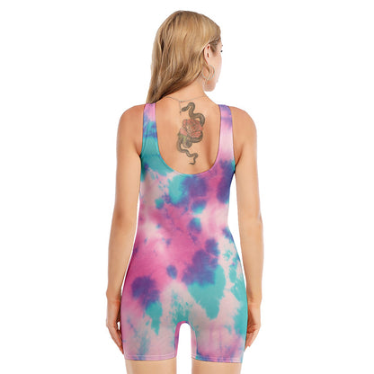 Pink And Teal Tie Dye Print Sleeveless One Piece Swimsuit
