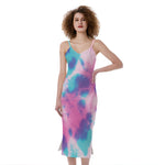 Pink And Teal Tie Dye Print Slim Fit Midi Cami Dress