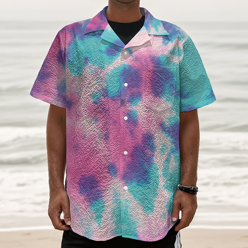 Pink And Teal Tie Dye Print Textured Short Sleeve Shirt