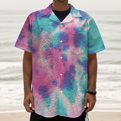 Pink And Teal Tie Dye Print Textured Short Sleeve Shirt