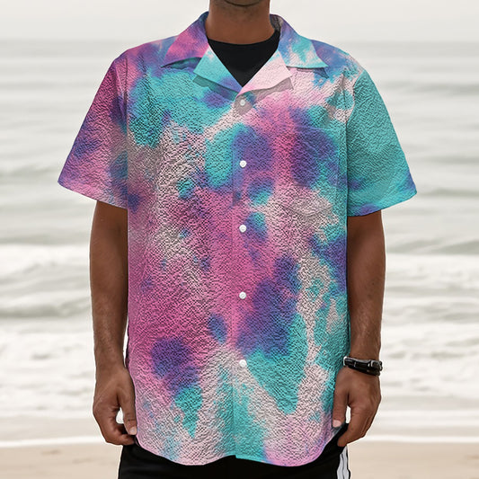 Pink And Teal Tie Dye Print Textured Short Sleeve Shirt