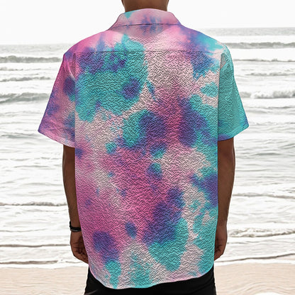 Pink And Teal Tie Dye Print Textured Short Sleeve Shirt