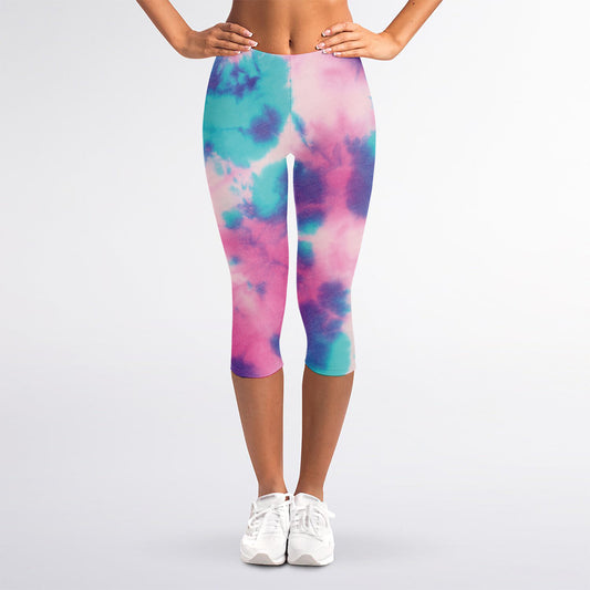 Pink And Teal Tie Dye Print Women's Capri Leggings