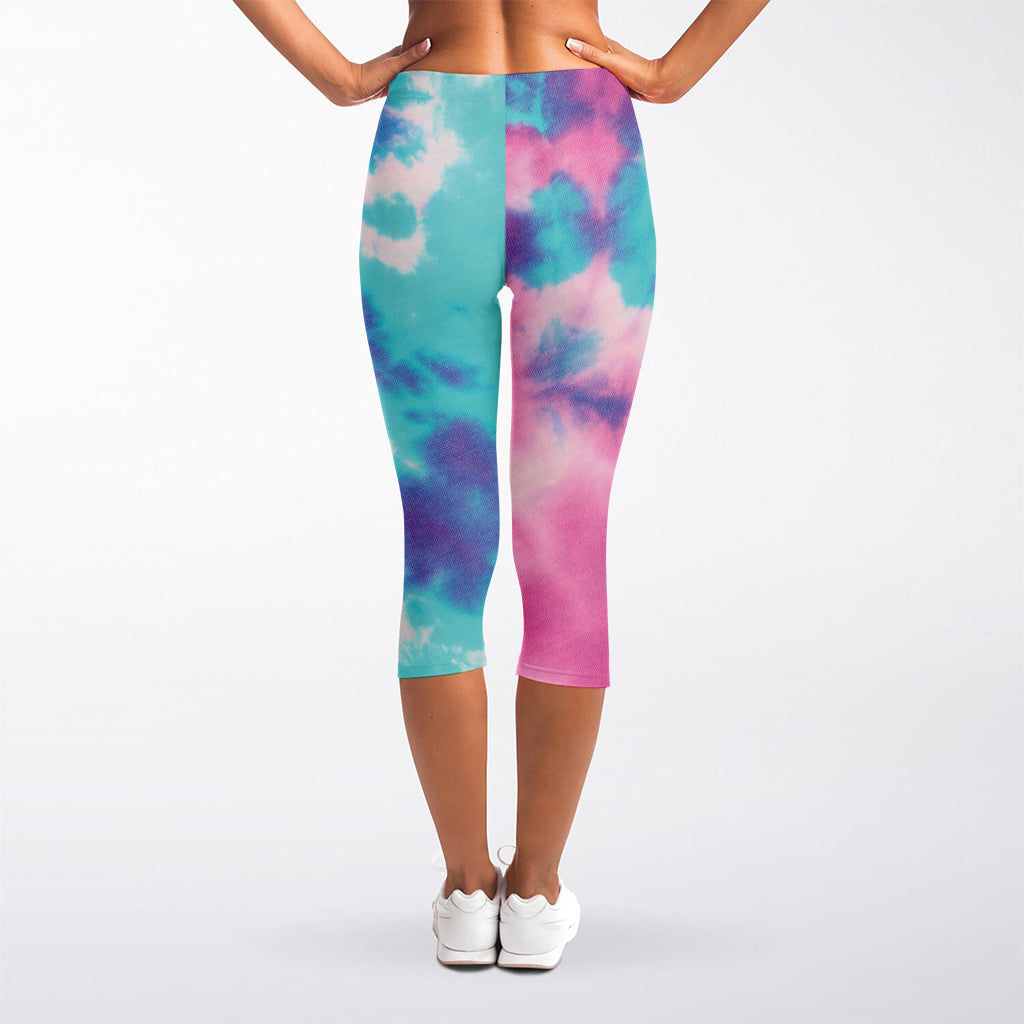 Pink And Teal Tie Dye Print Women's Capri Leggings