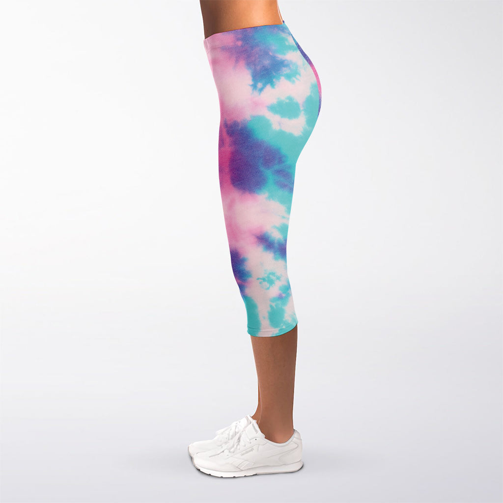 Pink And Teal Tie Dye Print Women's Capri Leggings
