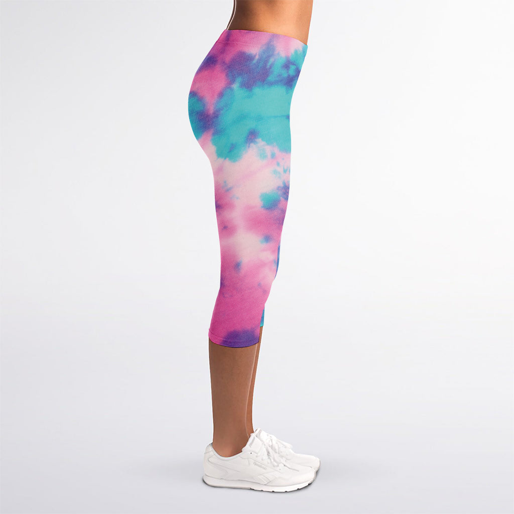 Pink And Teal Tie Dye Print Women's Capri Leggings