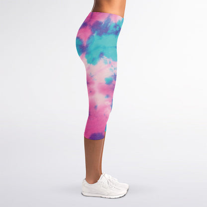 Pink And Teal Tie Dye Print Women's Capri Leggings