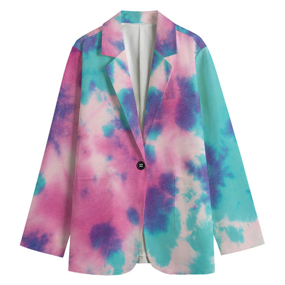 Pink And Teal Tie Dye Print Women's Cotton Blazer