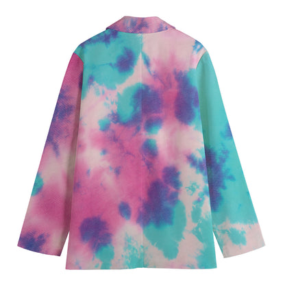 Pink And Teal Tie Dye Print Women's Cotton Blazer
