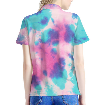Pink And Teal Tie Dye Print Women's Polo Shirt