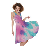 Pink And Teal Tie Dye Print Women's Sleeveless Dress