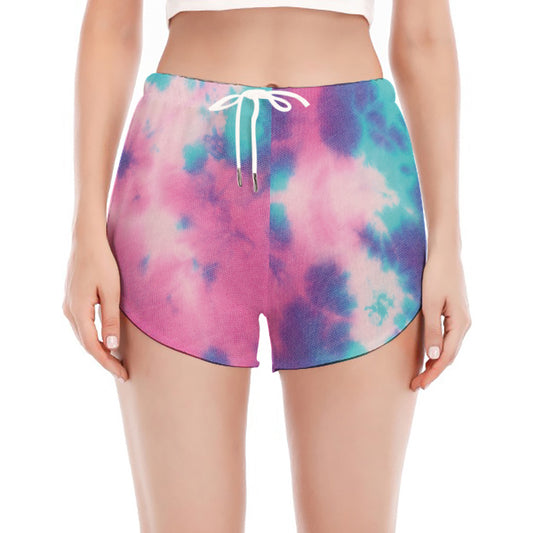 Pink And Teal Tie Dye Print Women's Split Running Shorts