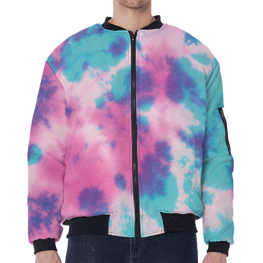 Pink And Teal Tie Dye Print Zip Sleeve Bomber Jacket