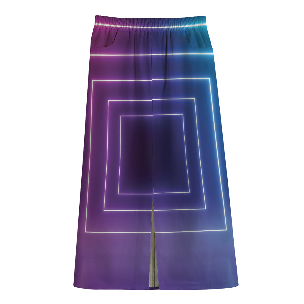 Pink And Teal Tunnel Lights Print Cotton Front Slit Maxi Skirt