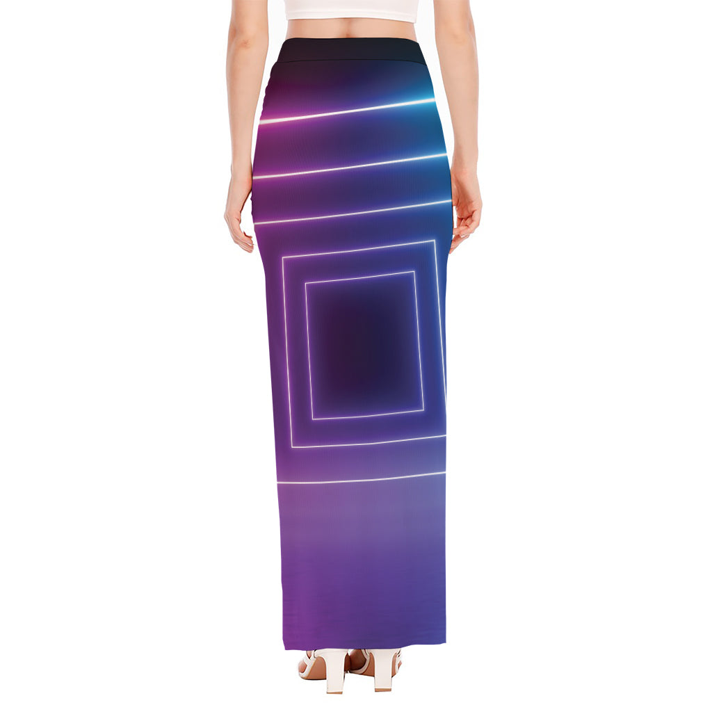 Pink And Teal Tunnel Lights Print High Slit Maxi Skirt