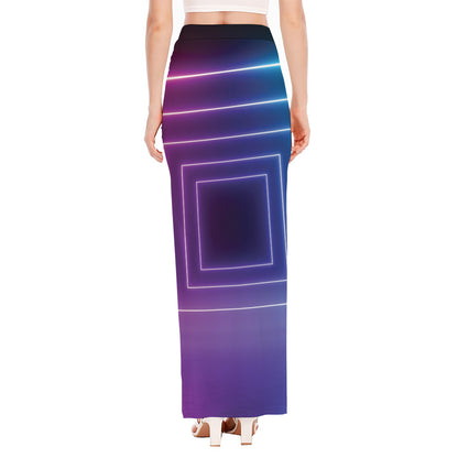 Pink And Teal Tunnel Lights Print High Slit Maxi Skirt