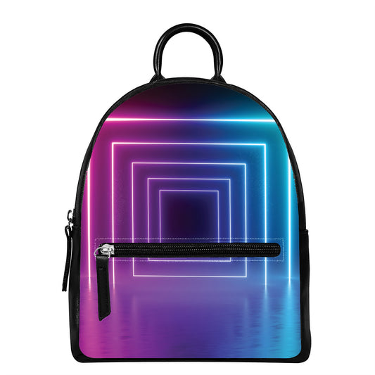 Pink And Teal Tunnel Lights Print Leather Backpack
