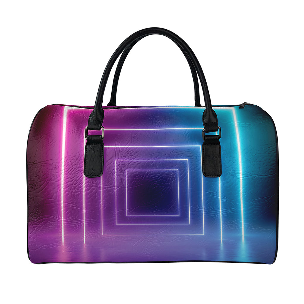 Pink And Teal Tunnel Lights Print Leather Duffle Bag