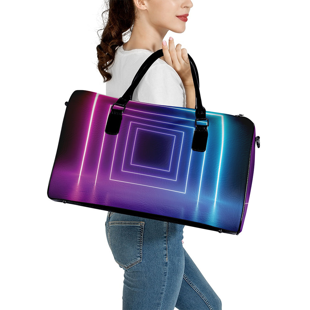 Pink And Teal Tunnel Lights Print Leather Duffle Bag