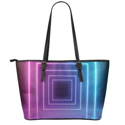 Pink And Teal Tunnel Lights Print Leather Tote Bag