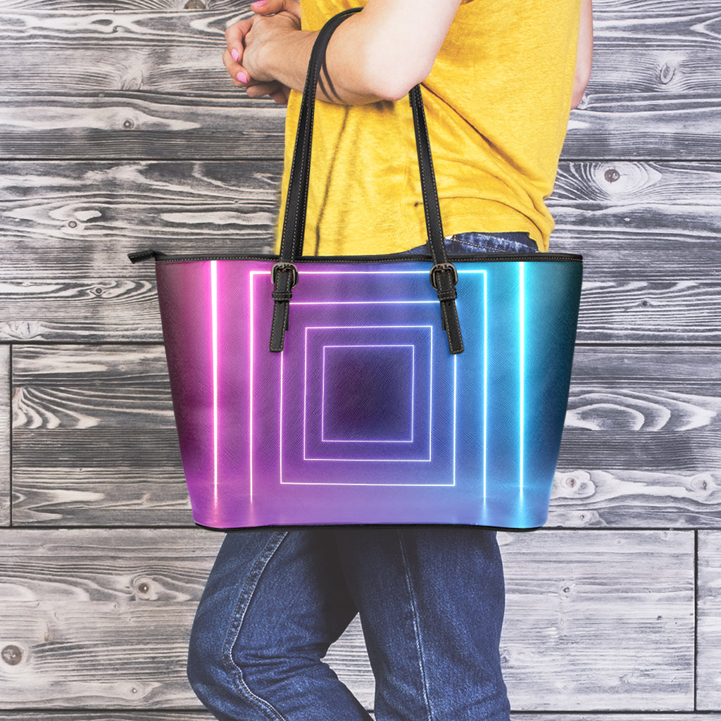 Pink And Teal Tunnel Lights Print Leather Tote Bag