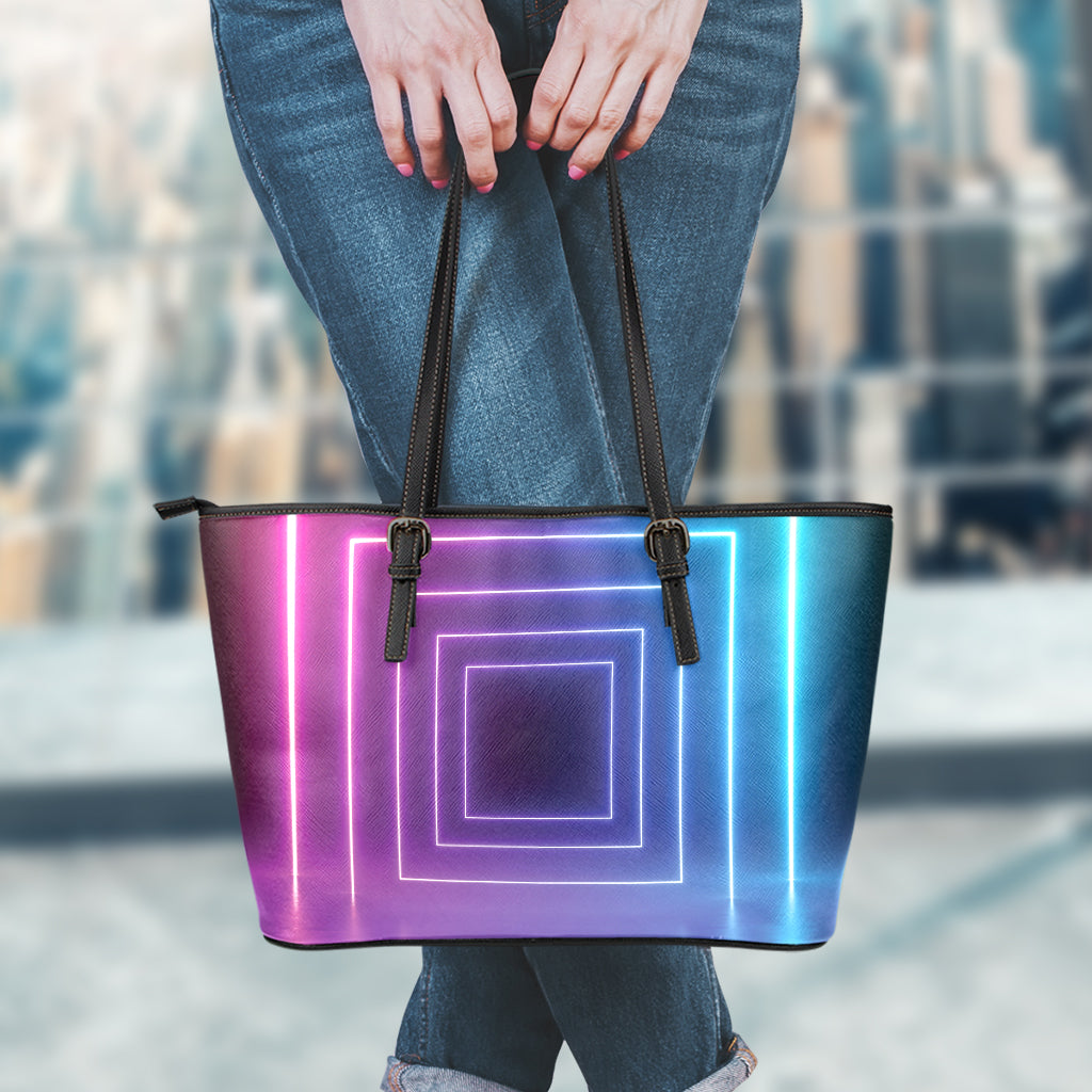 Pink And Teal Tunnel Lights Print Leather Tote Bag