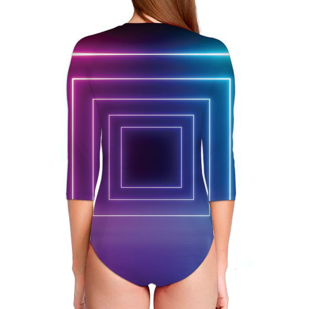 Pink And Teal Tunnel Lights Print Long Sleeve Swimsuit