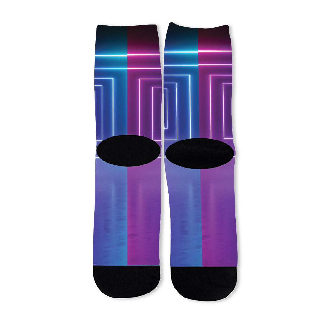 Pink And Teal Tunnel Lights Print Long Socks