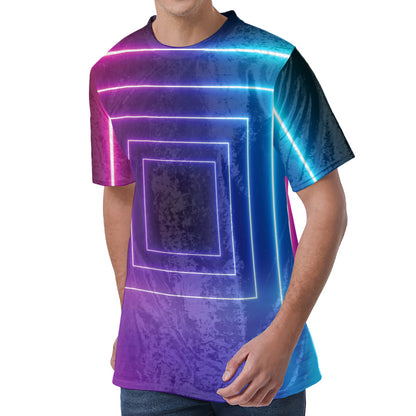 Pink And Teal Tunnel Lights Print Men's Velvet T-Shirt