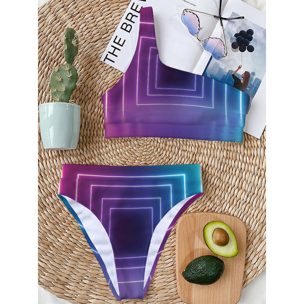 Pink And Teal Tunnel Lights Print One Shoulder Bikini Top