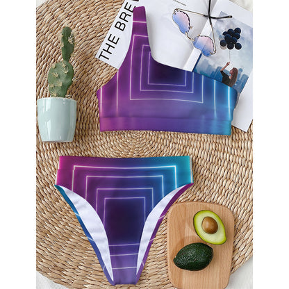 Pink And Teal Tunnel Lights Print One Shoulder Bikini Top