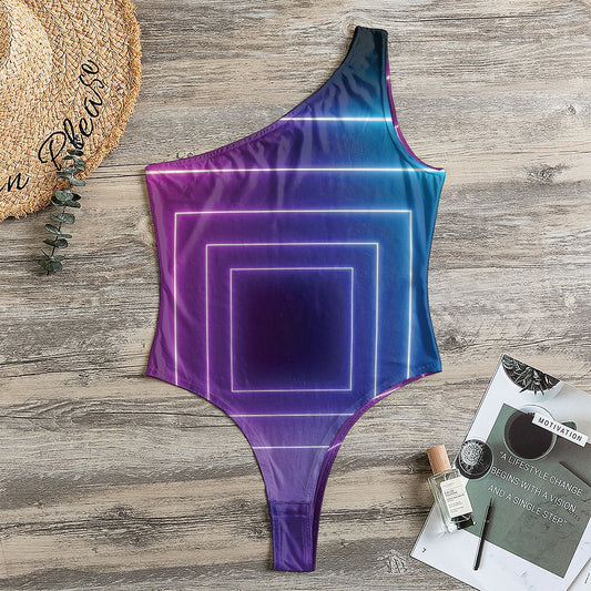 Pink And Teal Tunnel Lights Print One Shoulder Bodysuit